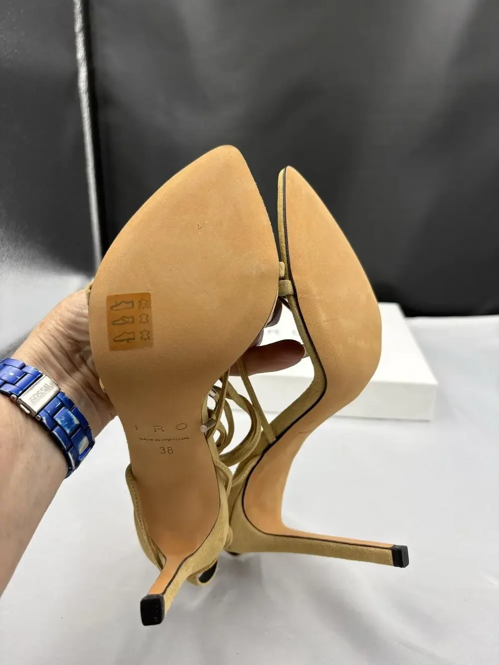 IRO Strappy Heels Womens Size 7.5 Light Yellow Suede Lace Up Stiletto AK712